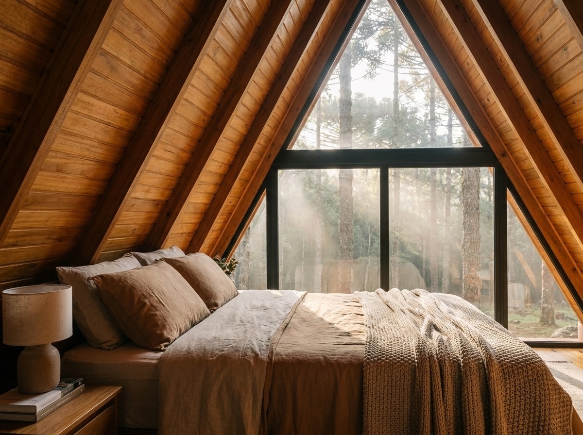 [DEMO] Quarto do chalé, cama de casal, vista para a mata