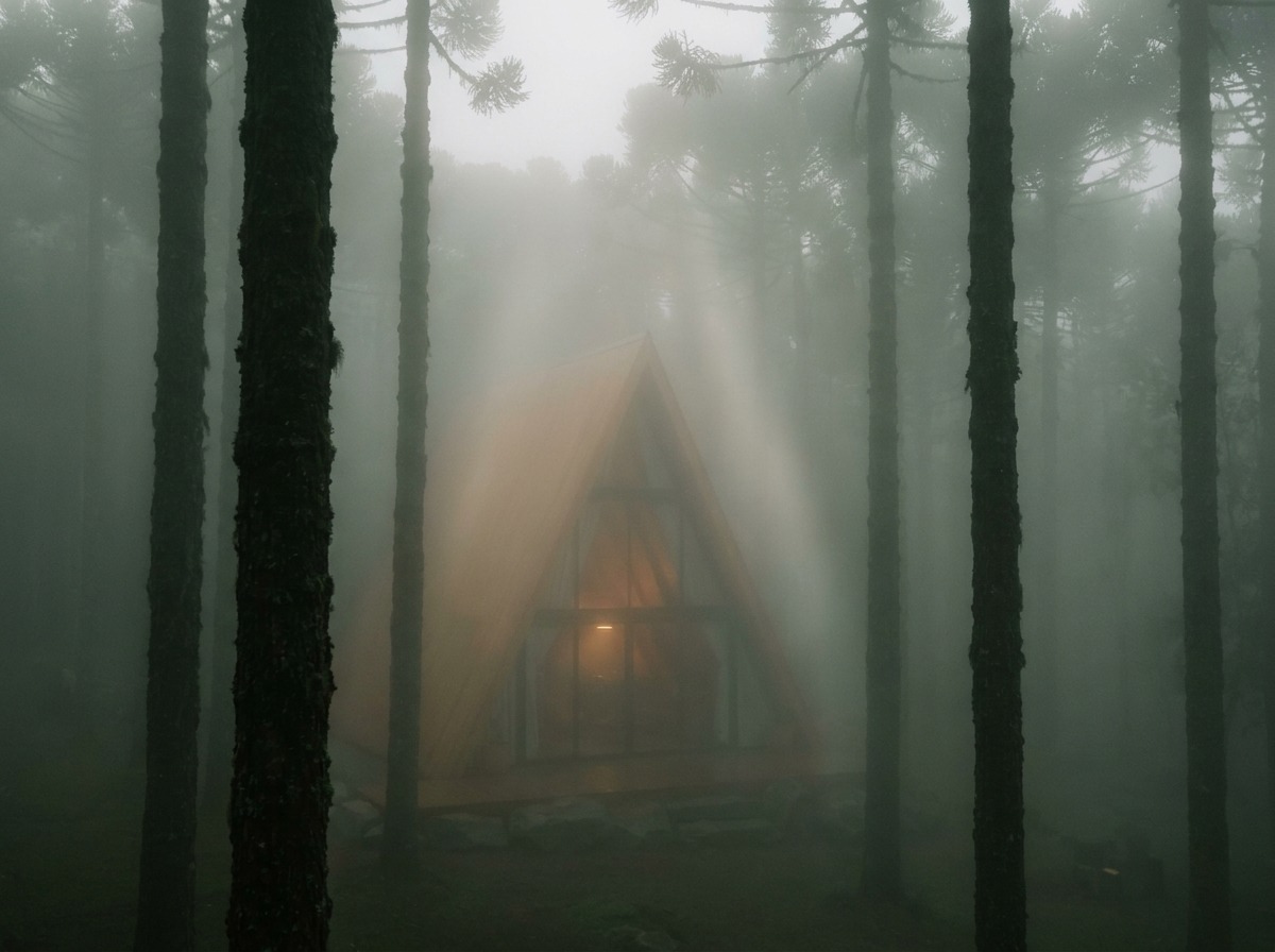 [DEMO] Neblina densa entre troncos de araucária ao amanhecer