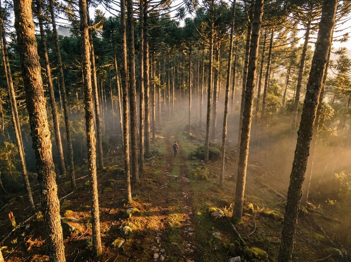 [DEMO] Trilha na mata vista de cima, figura solitária ao longe